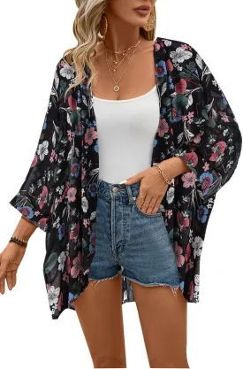 olrain Women's Floral Print Sheer Chiffon 3/4 Bat Sleeve Casual Loose Kimono Cardigan Capes