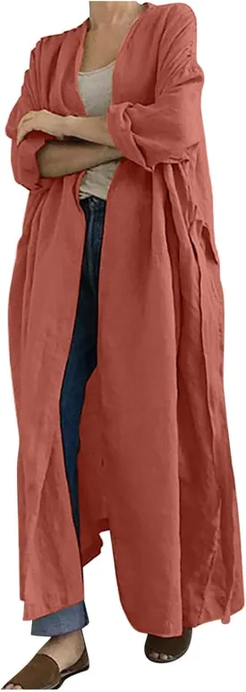 Oversized Cotton Maxi Long Trench Coats for Women Loose Open Front Cardigan Plus Size Ruffle Belted Cover Up Tops