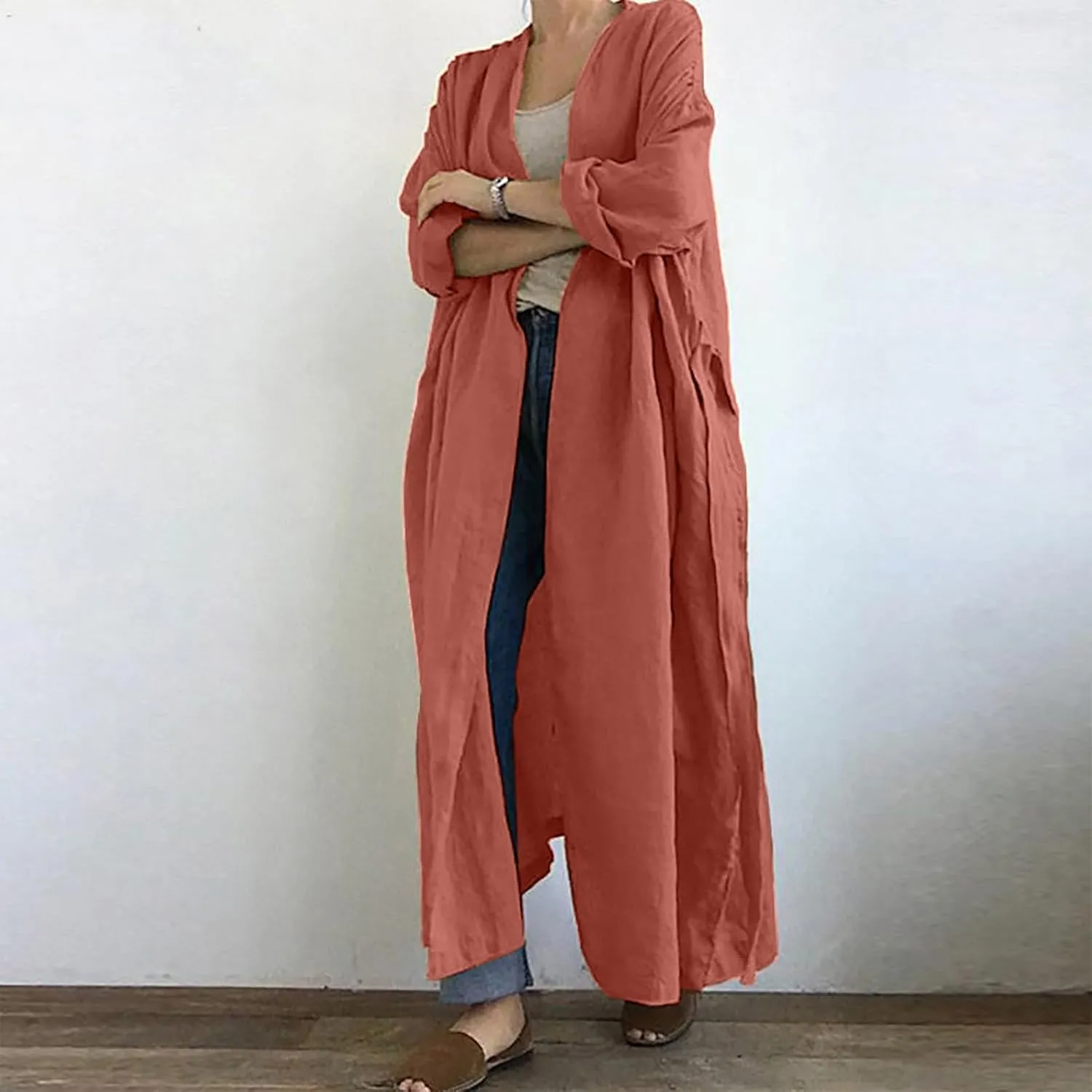 Oversized Cotton Maxi Long Trench Coats for Women Loose Open Front Cardigan Plus Size Ruffle Belted Cover Up Tops