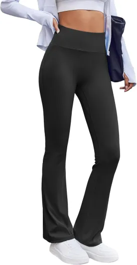 PINSPARK Flare Yoga Pants for Women Elastic High Waisted Bootleg Pants Comfy Sports Flare Leggings with Pocket