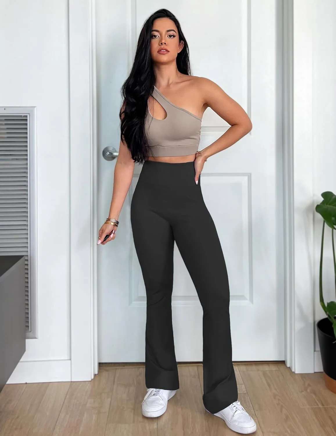 PINSPARK Flare Yoga Pants for Women Elastic High Waisted Bootleg Pants Comfy Sports Flare Leggings with Pocket