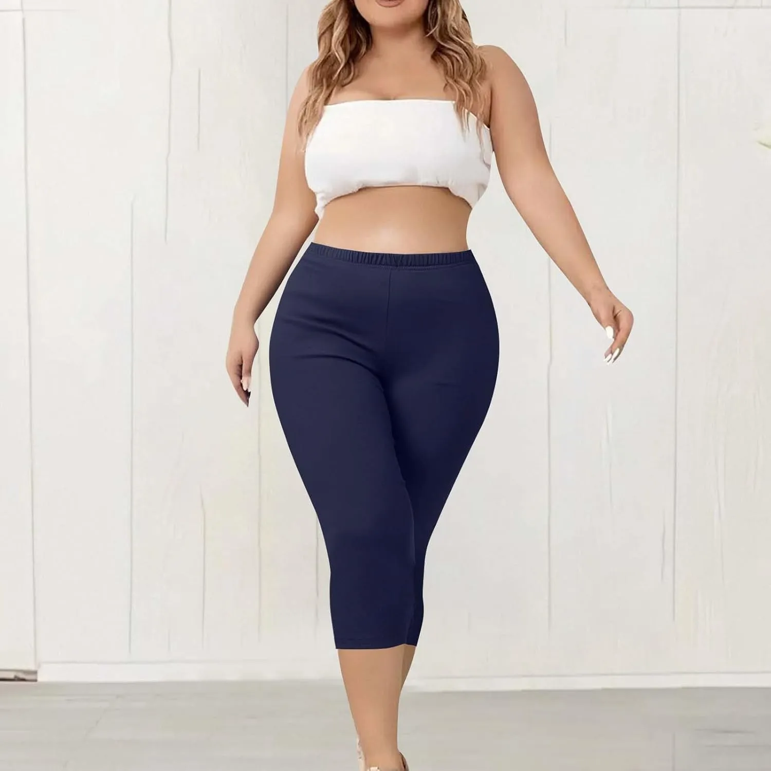 Plus Size Capri Leggings for Women Tummy Control Stretchy Yoga Pant Elastic Waist Workout Pants Sporty Travel Outfits
