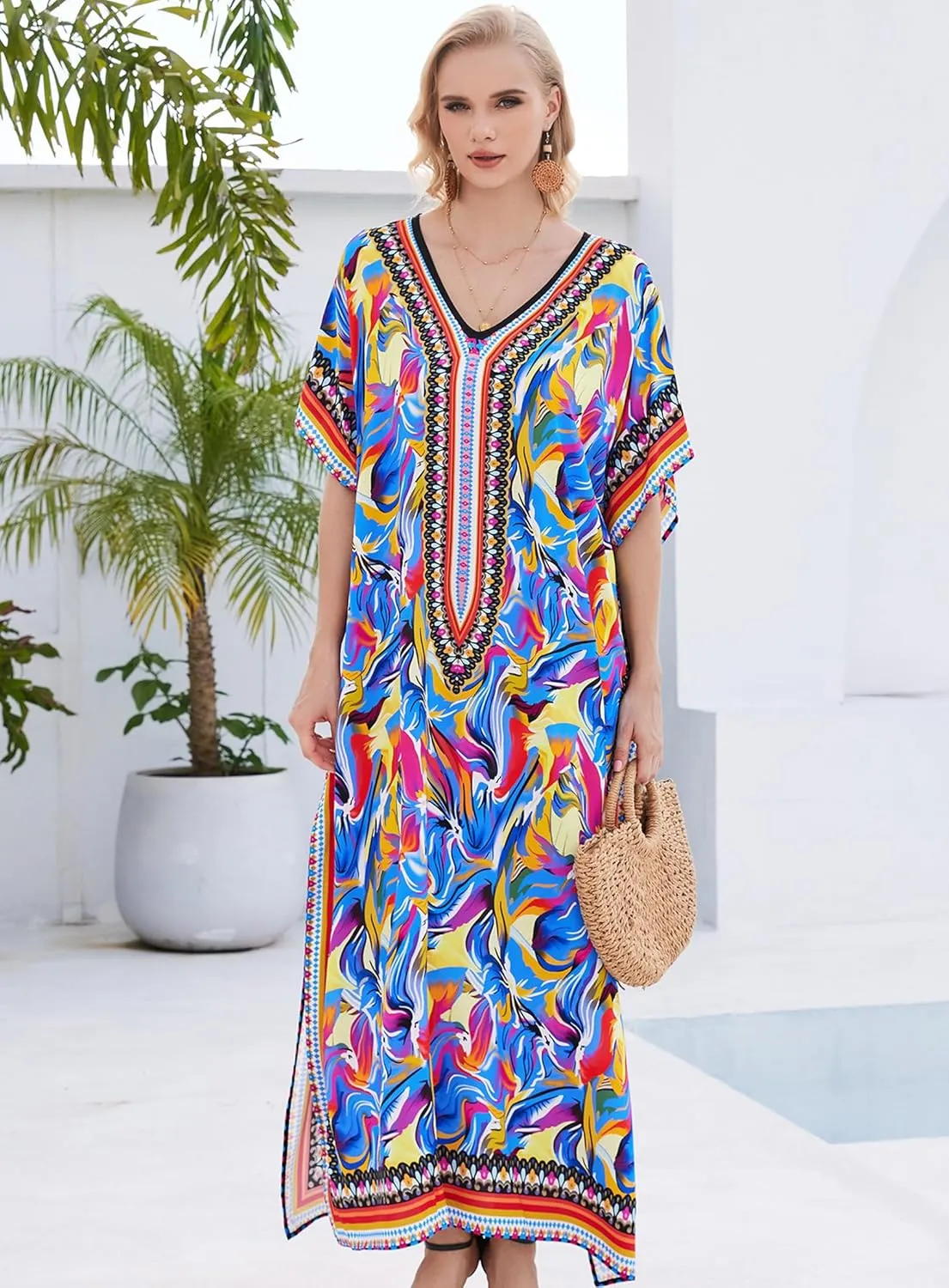 Plus Size Kaftan Dresses for Women 2025 Tropical Beach Cover Ups Swimwear Lightweight Caftans for Vacation Dress