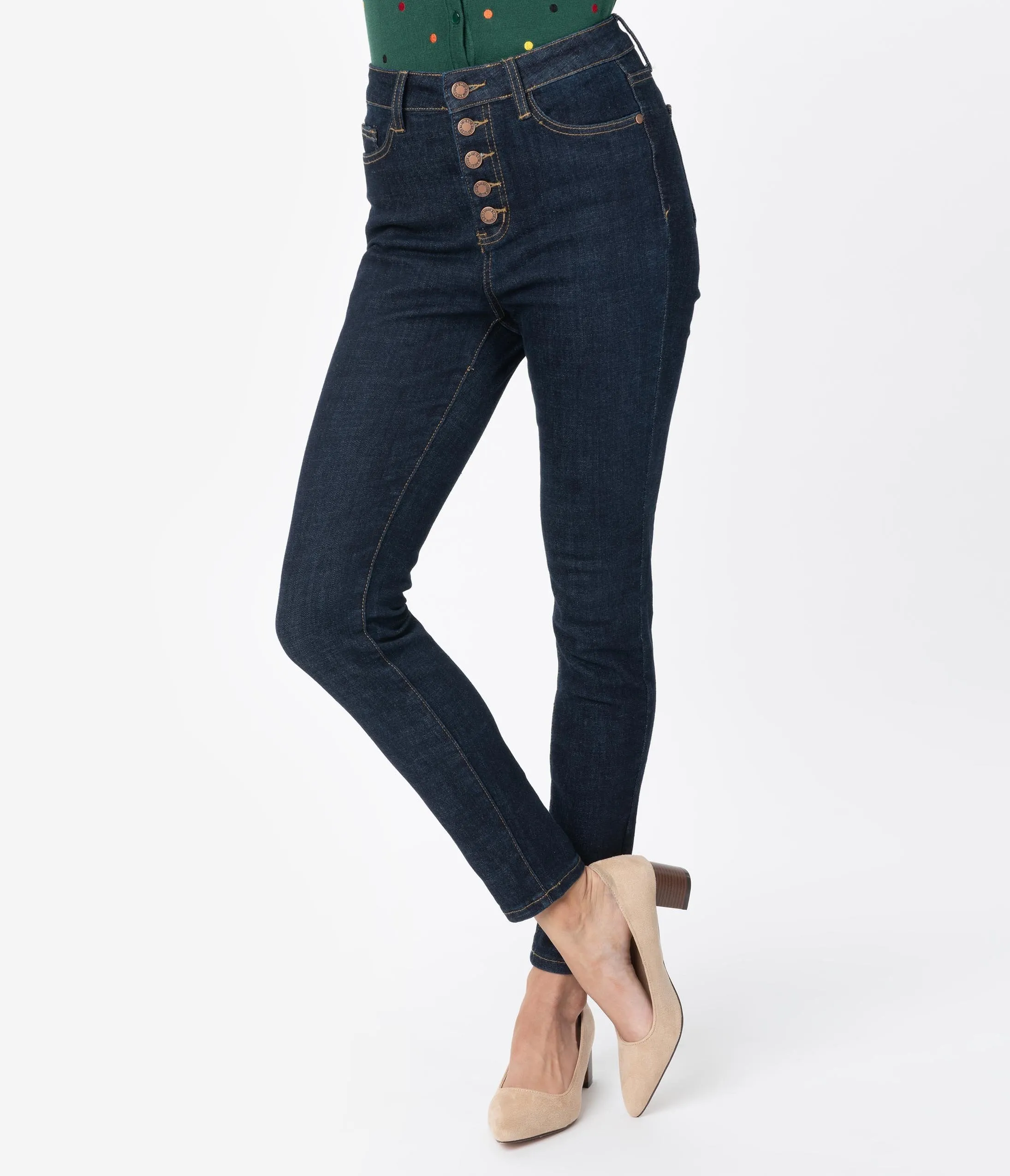 Retro Style Dark Blue Denim Button Up Skinny Jeans