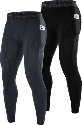 Roadbox 1 or 2 Pack Compression Pants Men, Running Workout Leggings with Pockets, Gym Basketball Athletic Tights Base Layer