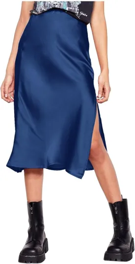 Slit Skirt for Women Soild Silk Satin Midi Skirt High Waisted Elasticized Waistband A-Line Skirt Elegant Swing Cocktail Skirt
