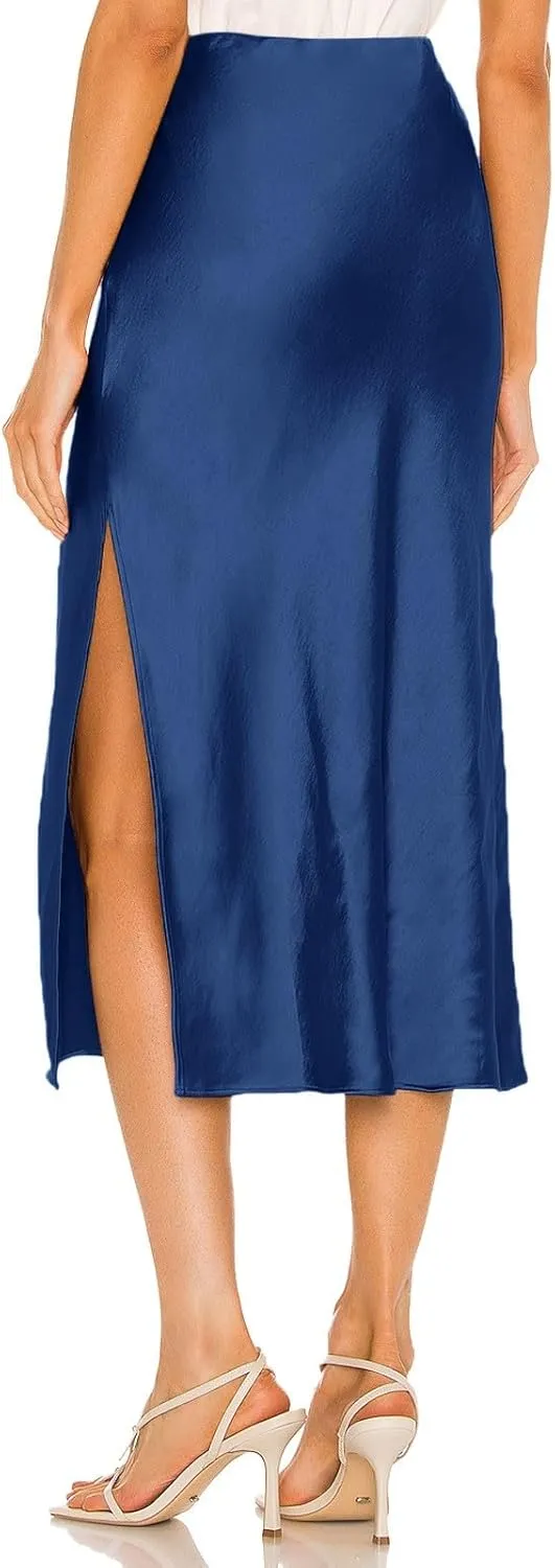 Slit Skirt for Women Soild Silk Satin Midi Skirt High Waisted Elasticized Waistband A-Line Skirt Elegant Swing Cocktail Skirt
