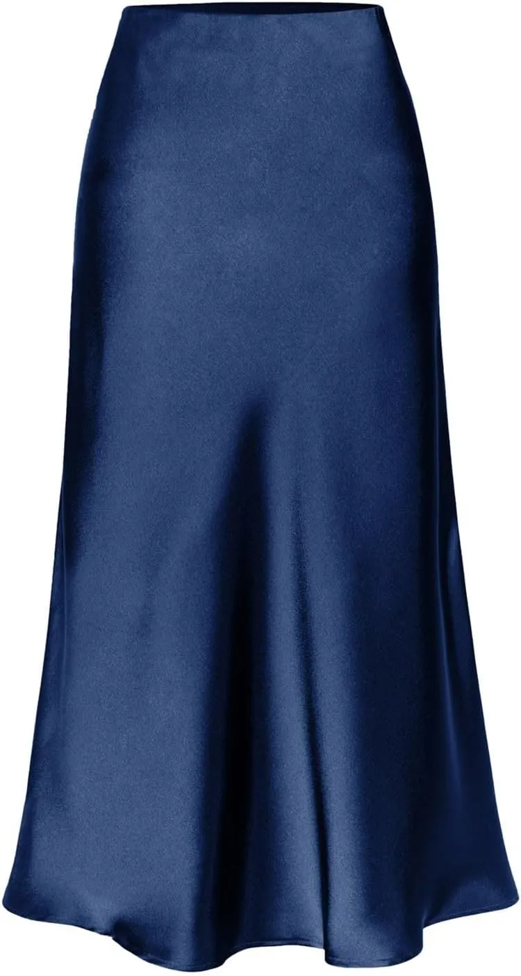 Slit Skirt for Women Soild Silk Satin Midi Skirt High Waisted Elasticized Waistband A-Line Skirt Elegant Swing Cocktail Skirt