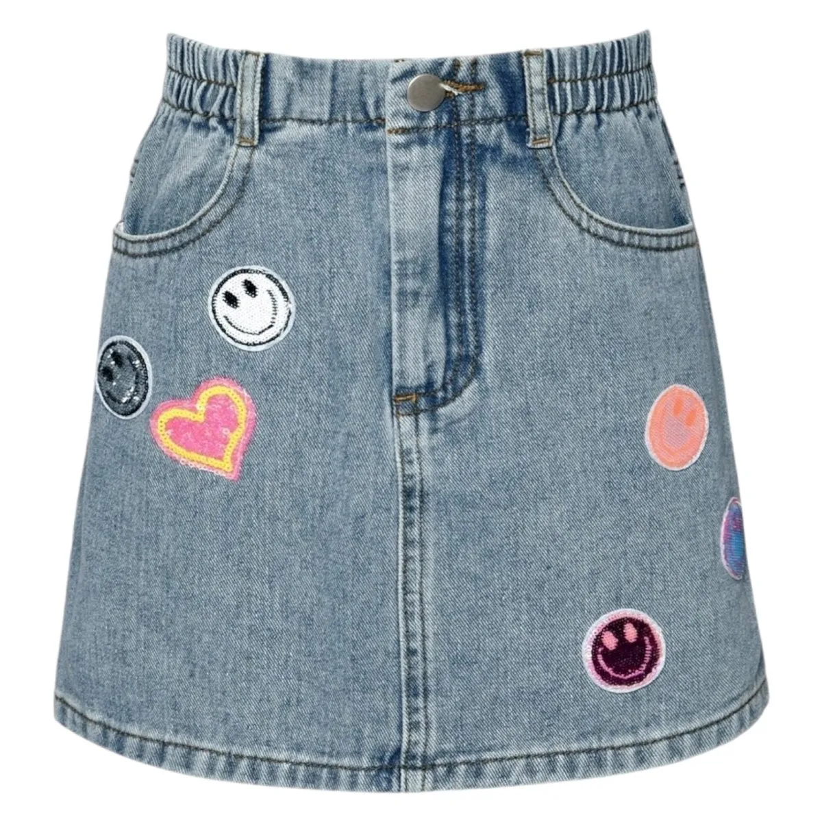 SMILEY FACE PATCHED DENIM SKIRT