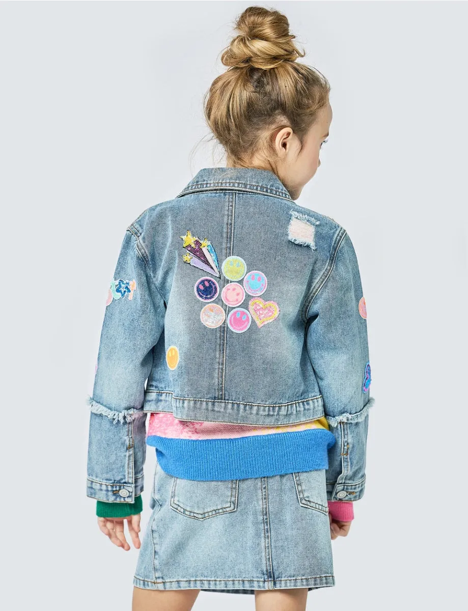 SMILEY FACE PATCHED DENIM SKIRT
