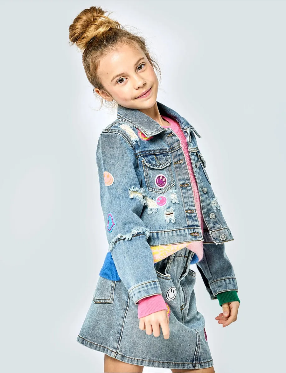 SMILEY FACE PATCHED DENIM SKIRT
