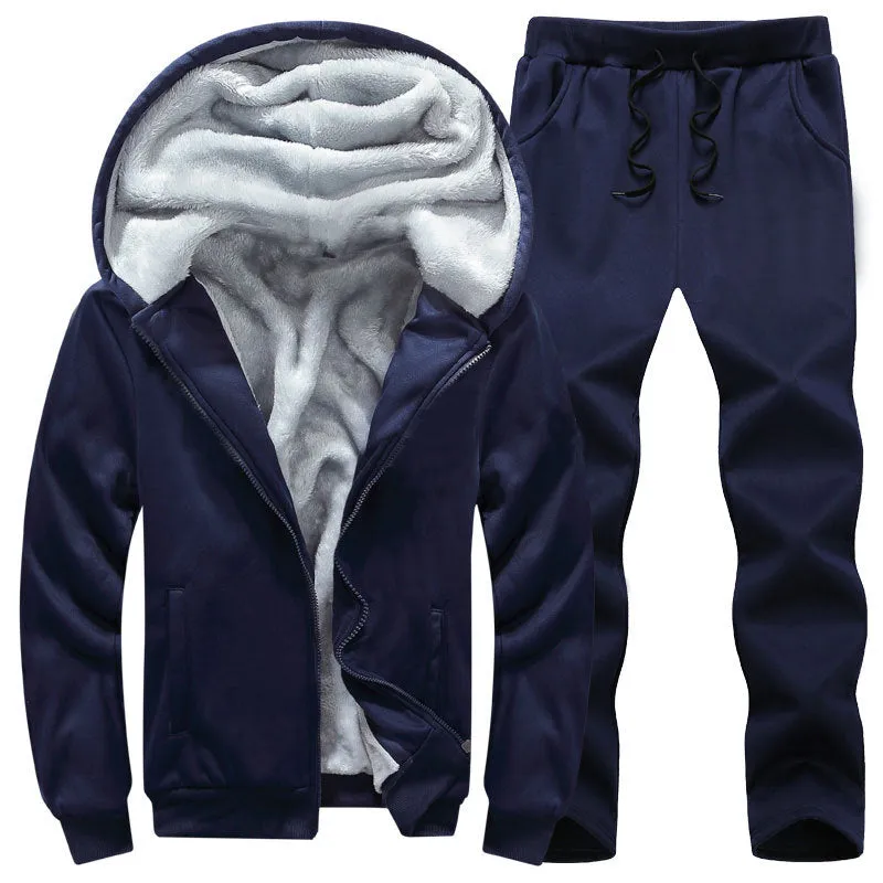 SOLID COLOR FLEECE HOODED POCKET JACKET SPORT 2 PIECE SETS