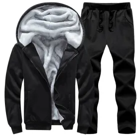 SOLID COLOR FLEECE HOODED POCKET JACKET SPORT 2 PIECE SETS