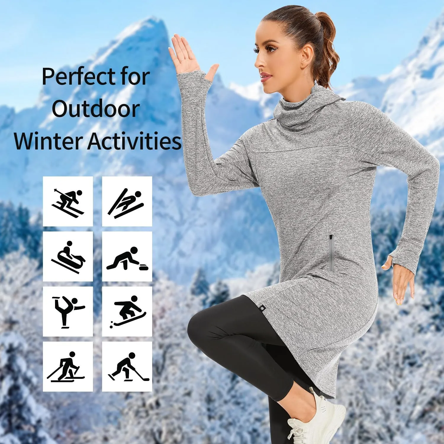 Soneven Women's Fleece Dress Running Thermal Sweatshirts Dresses Winter Skiing Athletic Pullover with Thumb Holes and Pockets