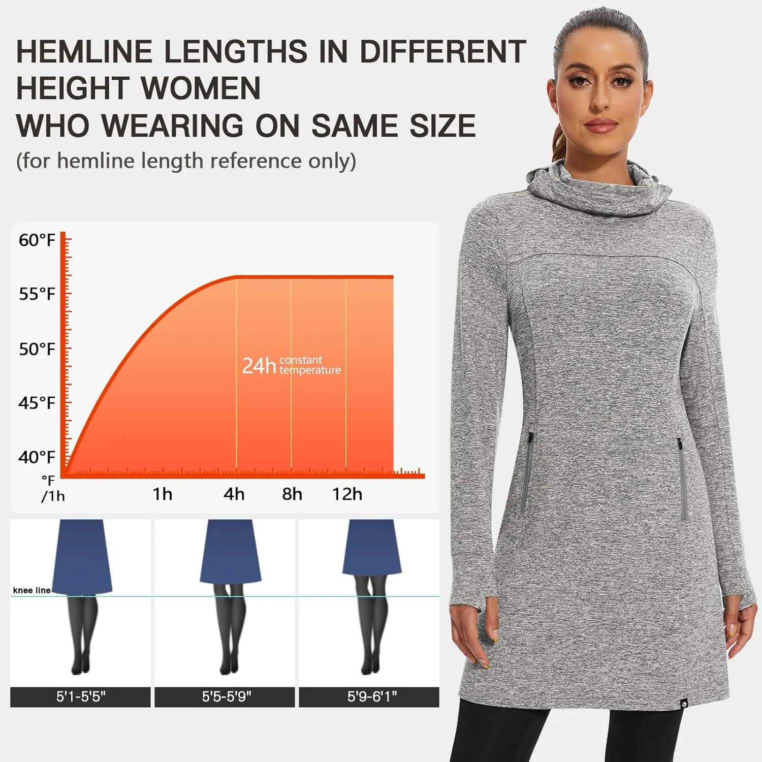 Soneven Women's Fleece Dress Running Thermal Sweatshirts Dresses Winter Skiing Athletic Pullover with Thumb Holes and Pockets