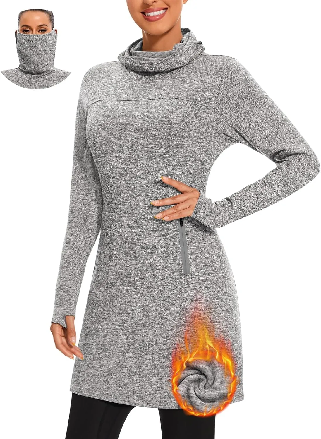 Soneven Women's Fleece Dress Running Thermal Sweatshirts Dresses Winter Skiing Athletic Pullover with Thumb Holes and Pockets