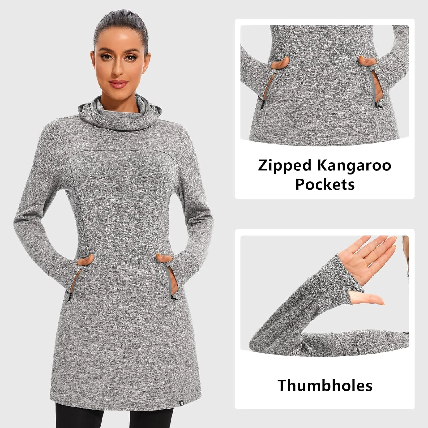 Soneven Women's Fleece Dress Running Thermal Sweatshirts Dresses Winter Skiing Athletic Pullover with Thumb Holes and Pockets