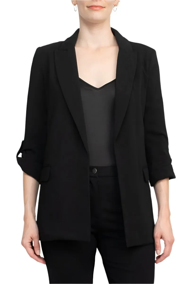 Tahari Lapel Collar 3/4 Roll Sleeve Open Front Woven Jacket