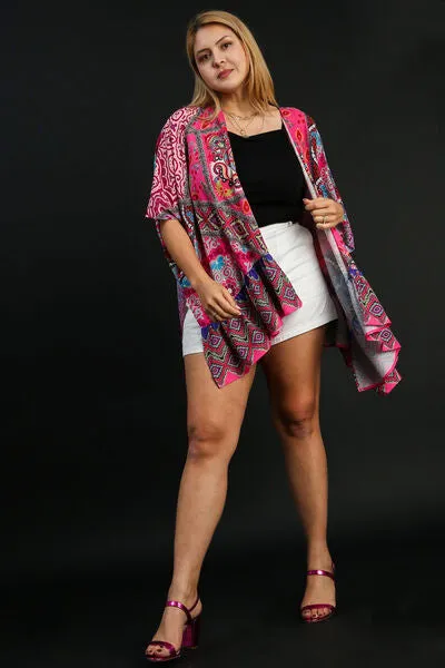 Umgee Full Size Mixed Print Ruffle Hem Open Front Cover Up Plus Size