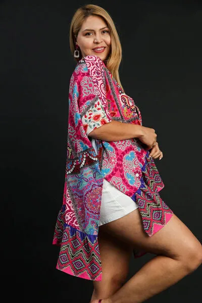 Umgee Full Size Mixed Print Ruffle Hem Open Front Cover Up Plus Size
