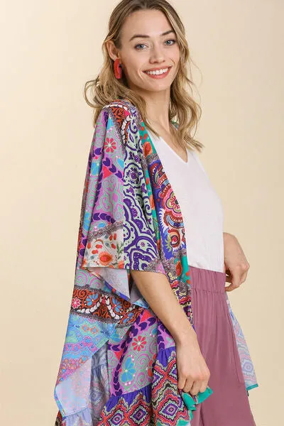 Umgee Full Size Mixed Print Ruffle Hem Open Front Cover Up
