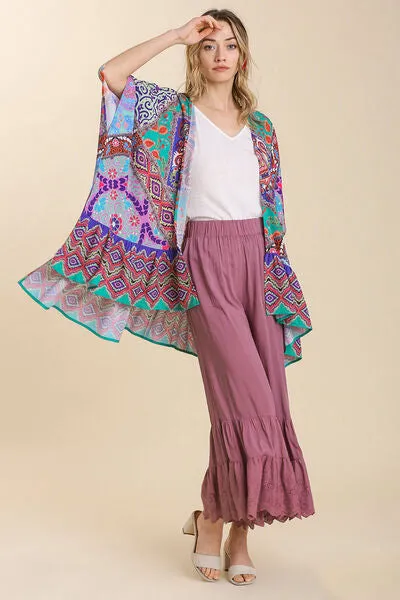 Umgee Full Size Mixed Print Ruffle Hem Open Front Cover Up