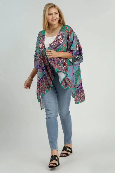 Umgee Full Size Mixed Print Ruffle Hem Open Front Cover Up