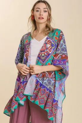 Umgee Full Size Mixed Print Ruffle Hem Open Front Cover Up