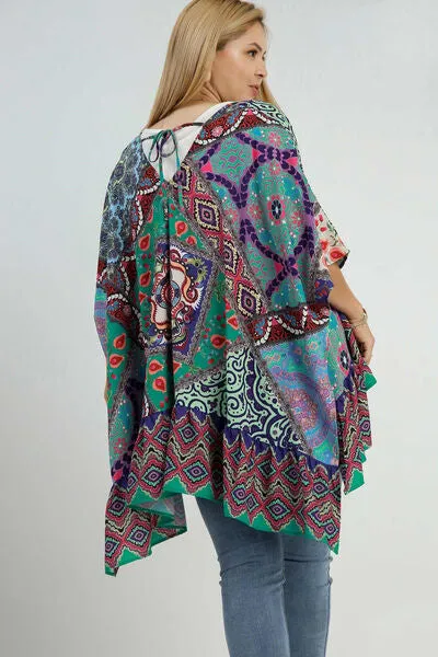 Umgee Full Size Mixed Print Ruffle Hem Open Front Cover Up