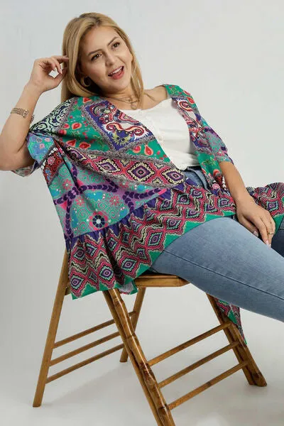 Umgee Full Size Mixed Print Ruffle Hem Open Front Cover Up