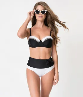 Unique Vintage Black & White Colorblock Marianne Bandeau Swim Top