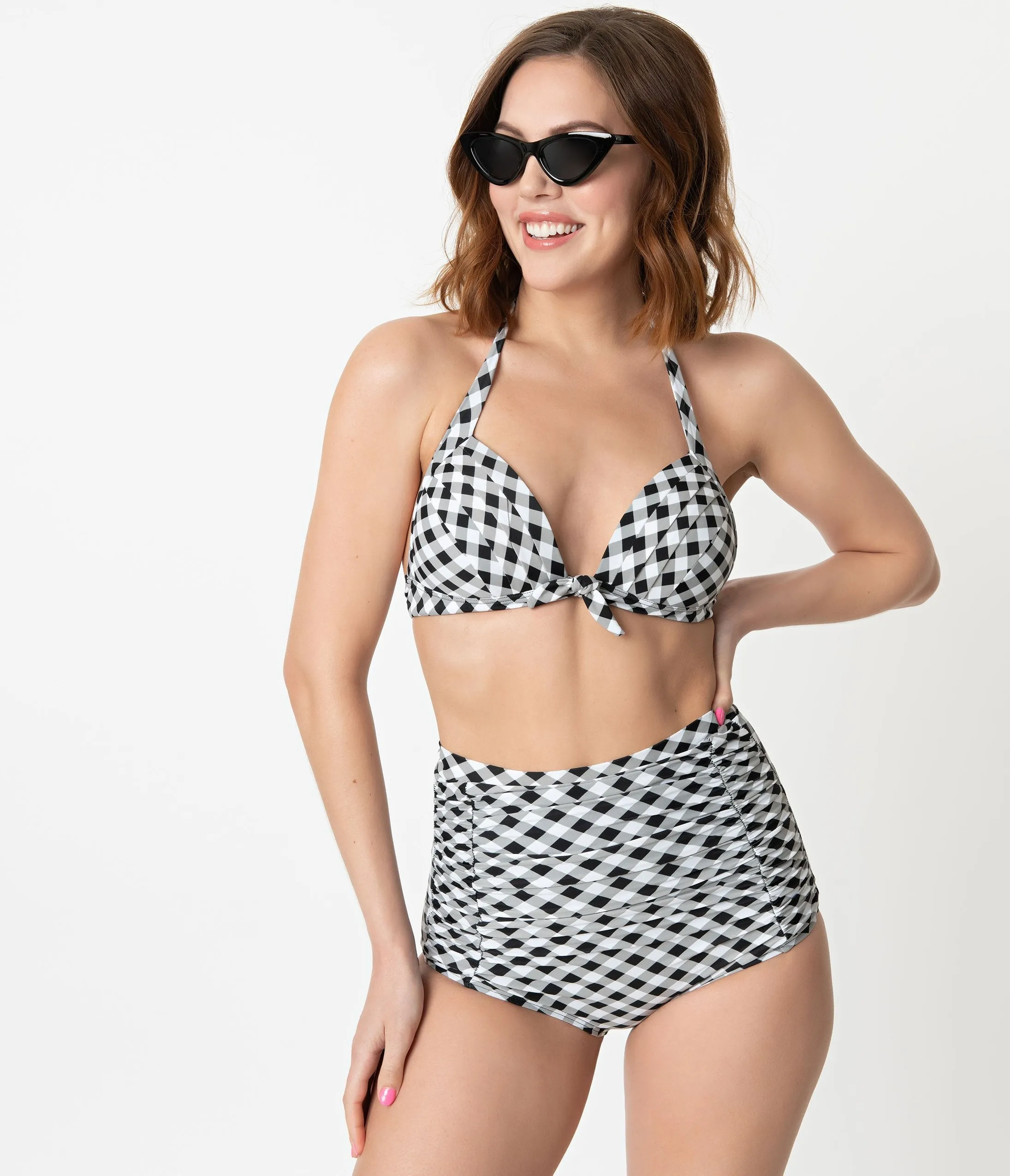 Unique Vintage Black & White Gingham Monroe High Waist Swim Bottom