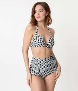 Unique Vintage Black & White Gingham Monroe High Waist Swim Bottom