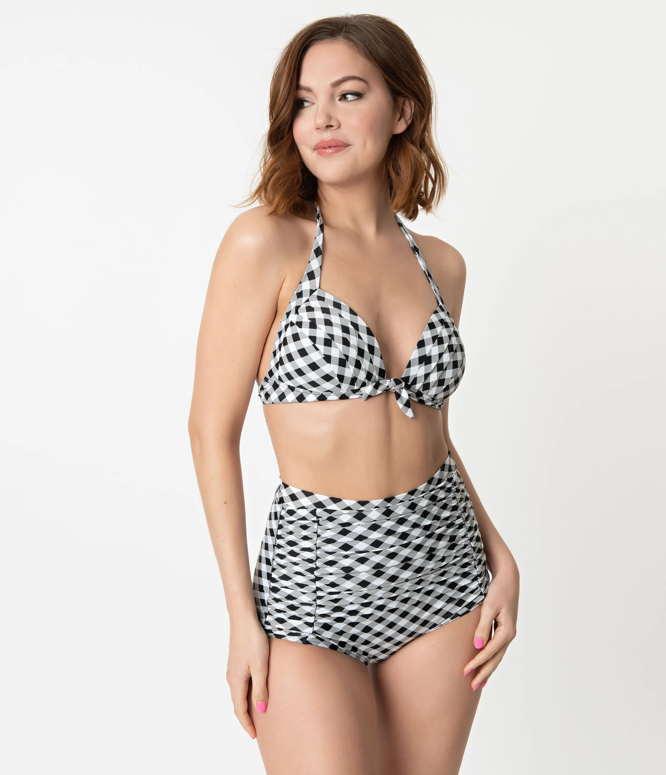 Unique Vintage Black & White Gingham Monroe High Waist Swim Bottom