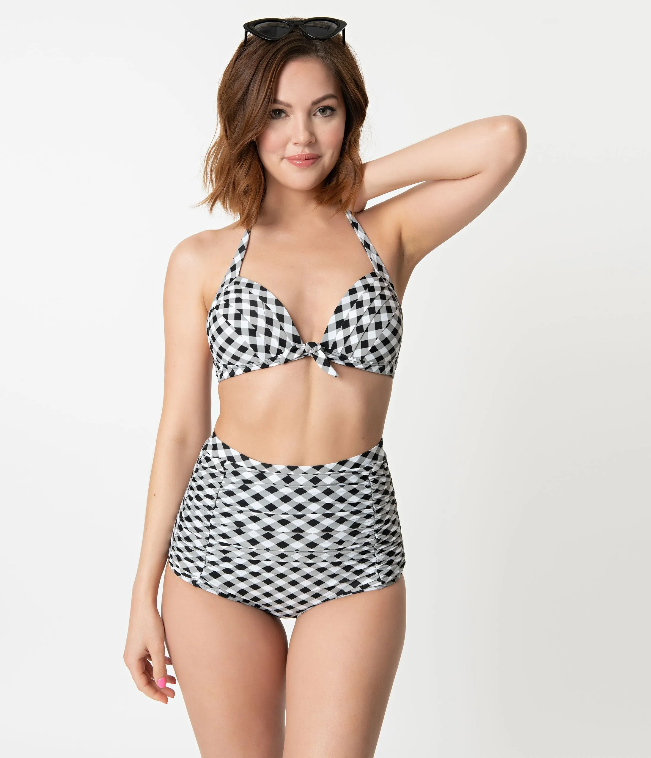 Unique Vintage Black & White Gingham Monroe High Waist Swim Bottom