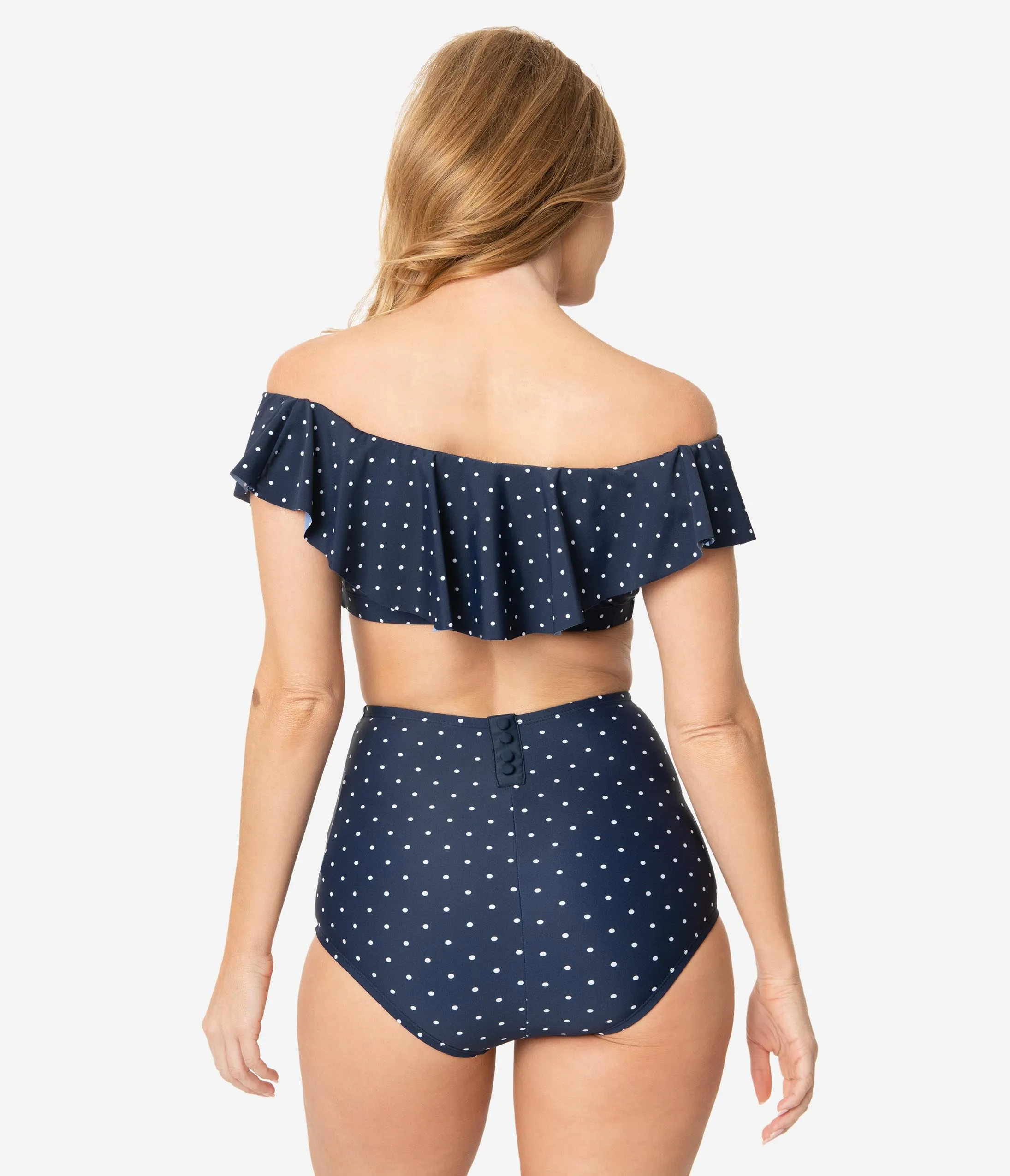 Unique Vintage Navy & White Pin Dot High Waist Louise Swim Bottoms