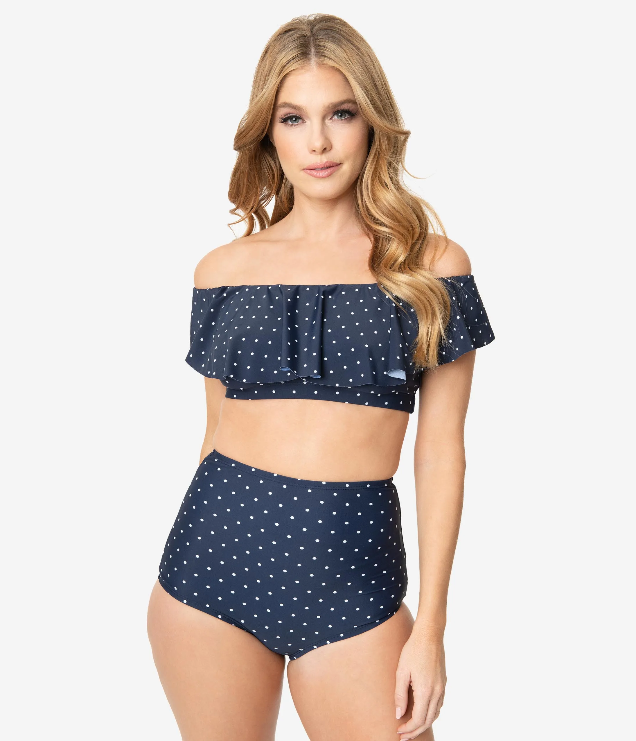 Unique Vintage Navy & White Pin Dot High Waist Louise Swim Bottoms