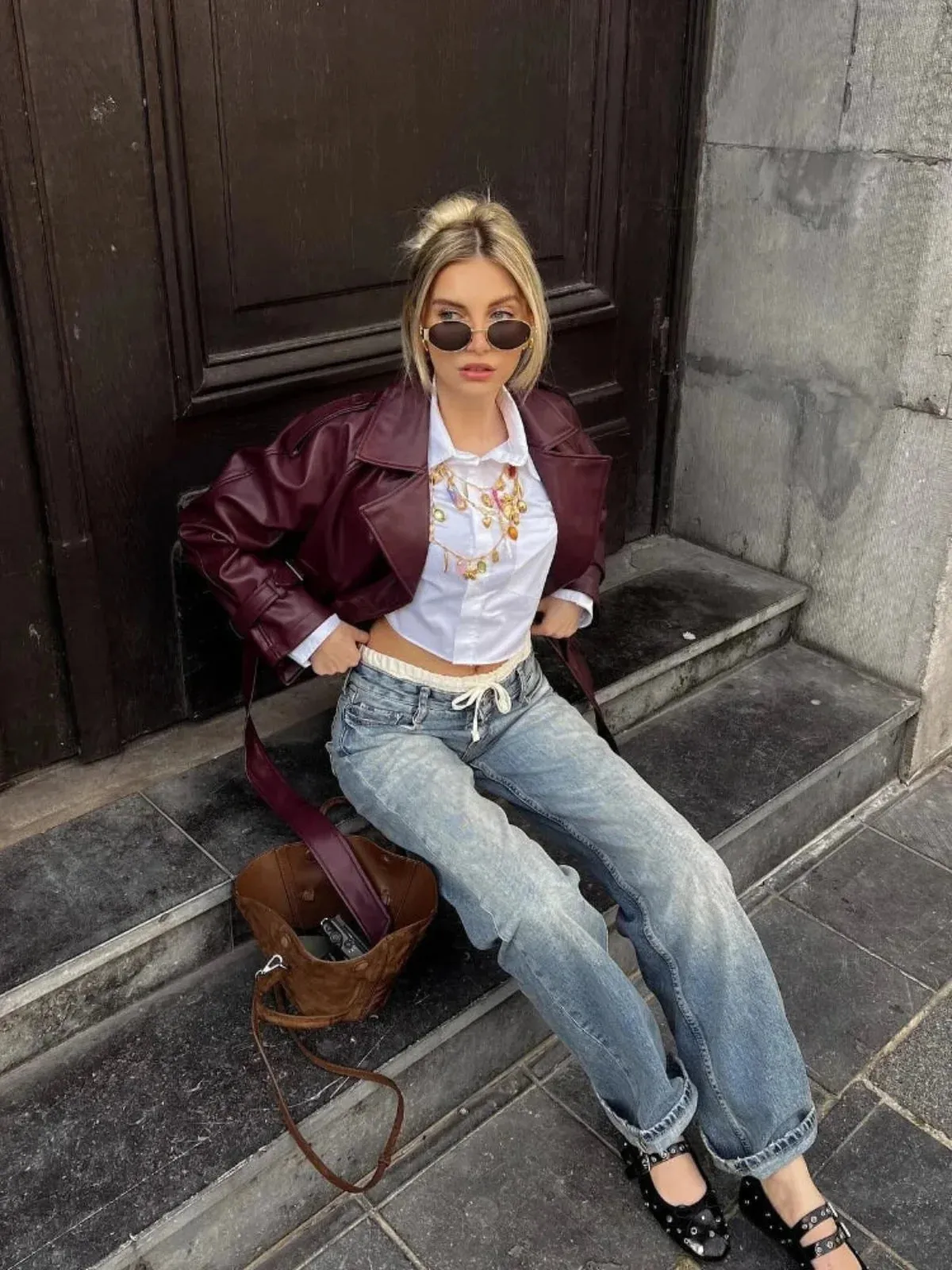 Vintage-Inspired Faux Leather Aviator Jacket