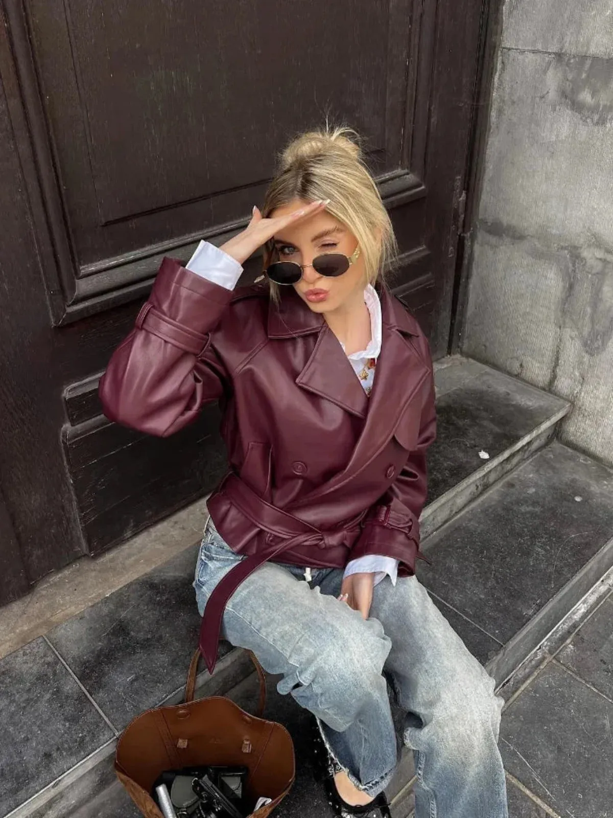 Vintage-Inspired Faux Leather Aviator Jacket