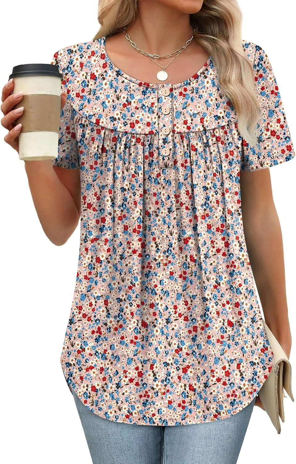 WIHOLL Womens Summer Tunic Tops Button Down Shirts Short Sleeve T-shirts Beach Vacation Clothes Spring S-3XL
