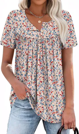 WIHOLL Womens Summer Tunic Tops Button Down Shirts Short Sleeve T-shirts Beach Vacation Clothes Spring S-3XL