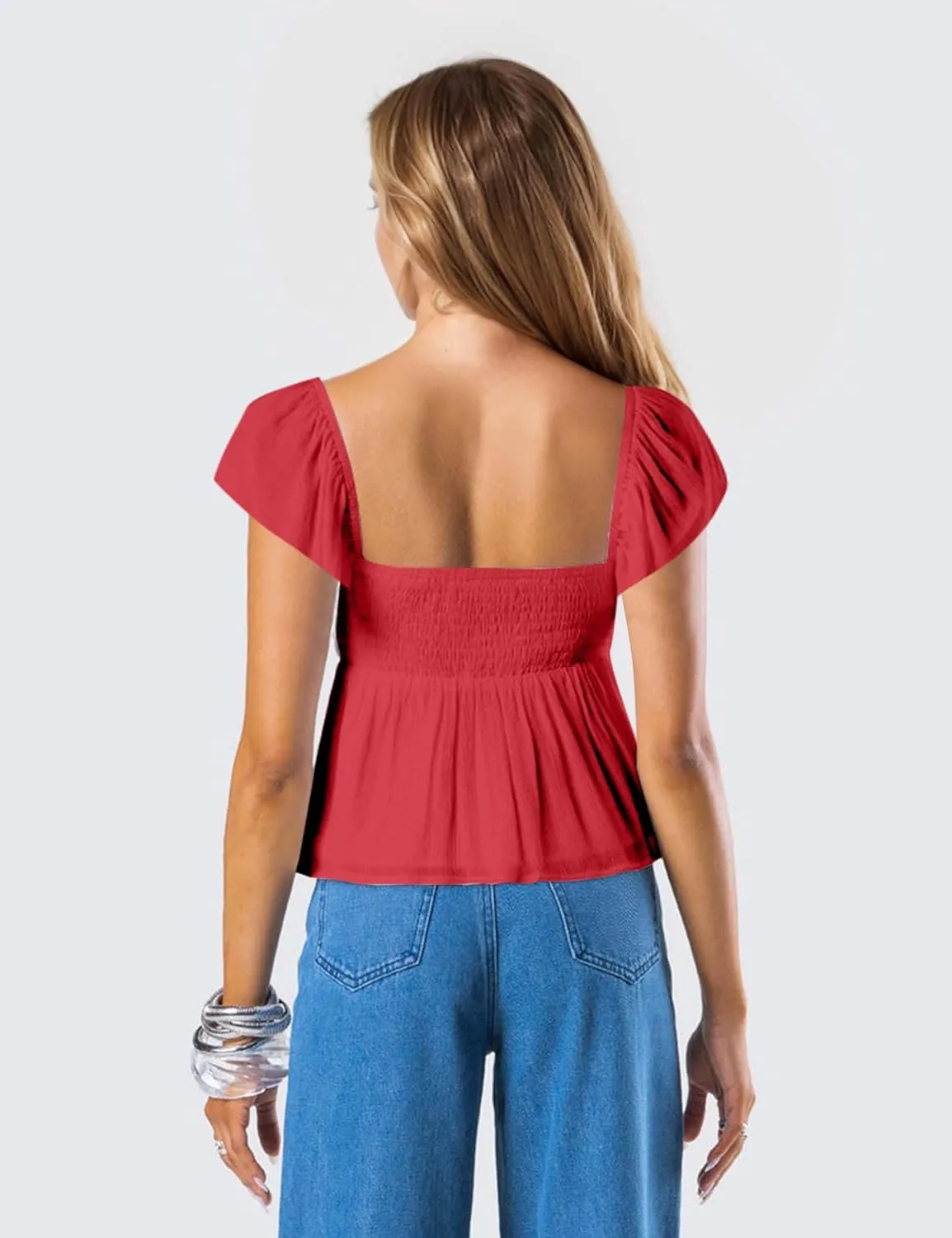 Women Babydoll Peplum Tank Top Sweetheart Neck Ruffle Cap Sleeve Tank Tops Backless Smocked Shirts Flowy Tops