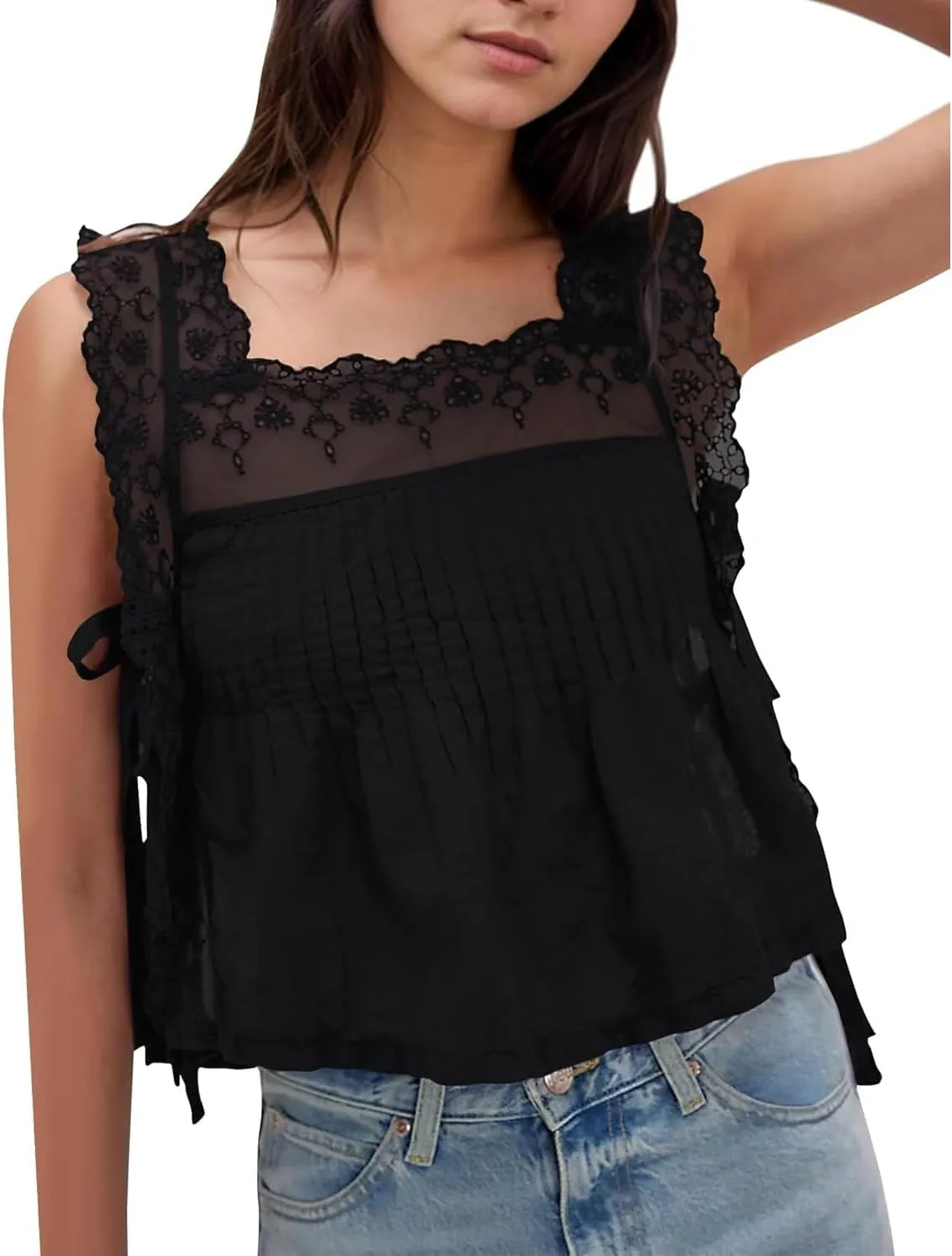 Women Lace Trim Vest Tank Tops Sheer Embroidery Floral Crop Top Y2K Backless Camisoles Summer Going Out Cami Shirt