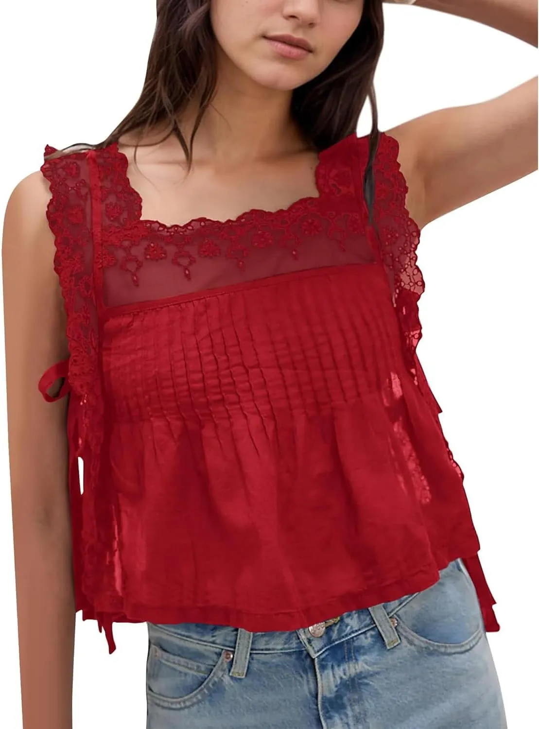 Women Lace Trim Vest Tank Tops Sheer Embroidery Floral Crop Top Y2K Backless Camisoles Summer Going Out Cami Shirt