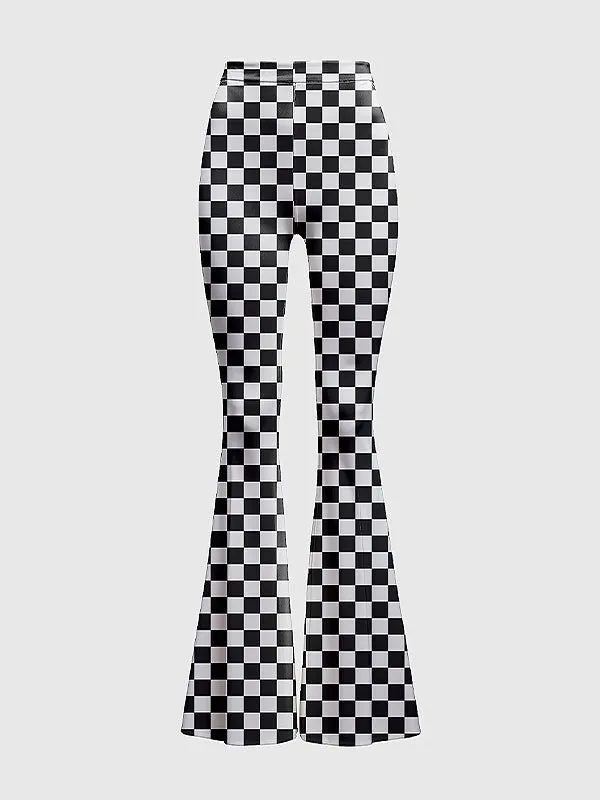 Womens Checkered High-Waisted Flare Pants