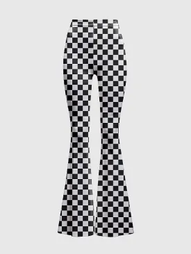 Womens Checkered High-Waisted Flare Pants