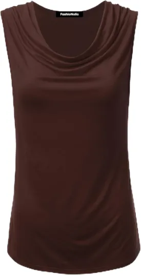 Women's Cowl Neck Ruched Draped Sleeveless Stretchy Blouse Casual Tank Top (Made in USA)