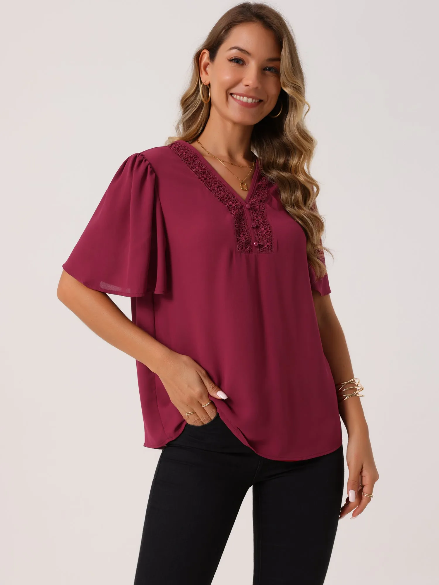 Women's Dressy Chiffon Blouses V Neck Casual Tops Summer Short Sleeve Tunic Shirts