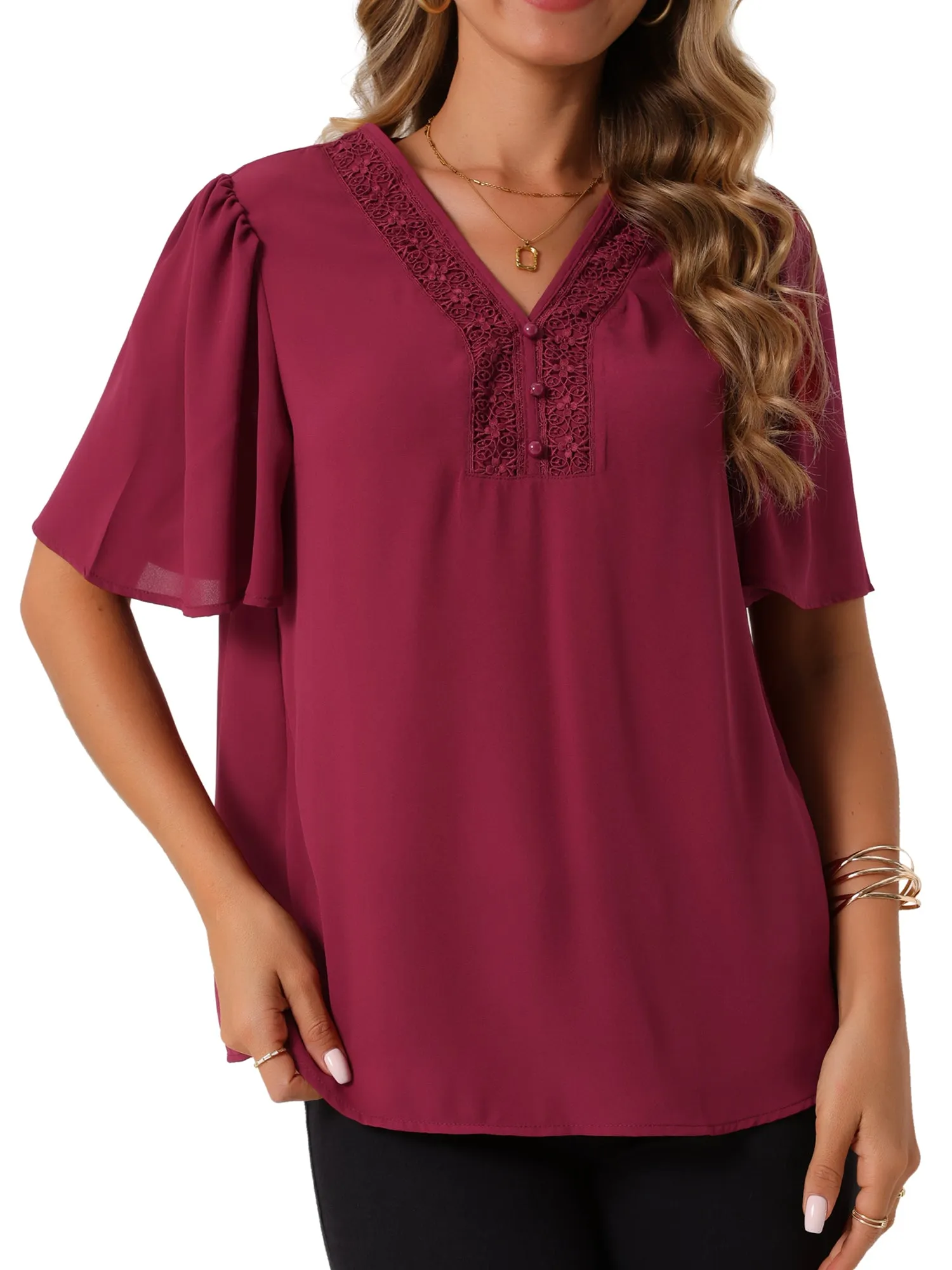 Women's Dressy Chiffon Blouses V Neck Casual Tops Summer Short Sleeve Tunic Shirts