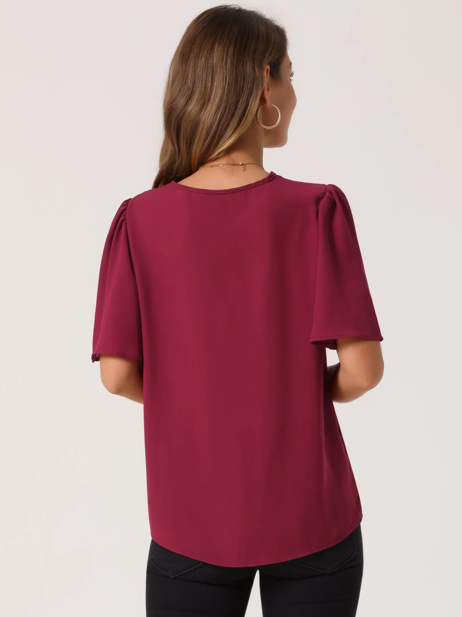 Women's Dressy Chiffon Blouses V Neck Casual Tops Summer Short Sleeve Tunic Shirts